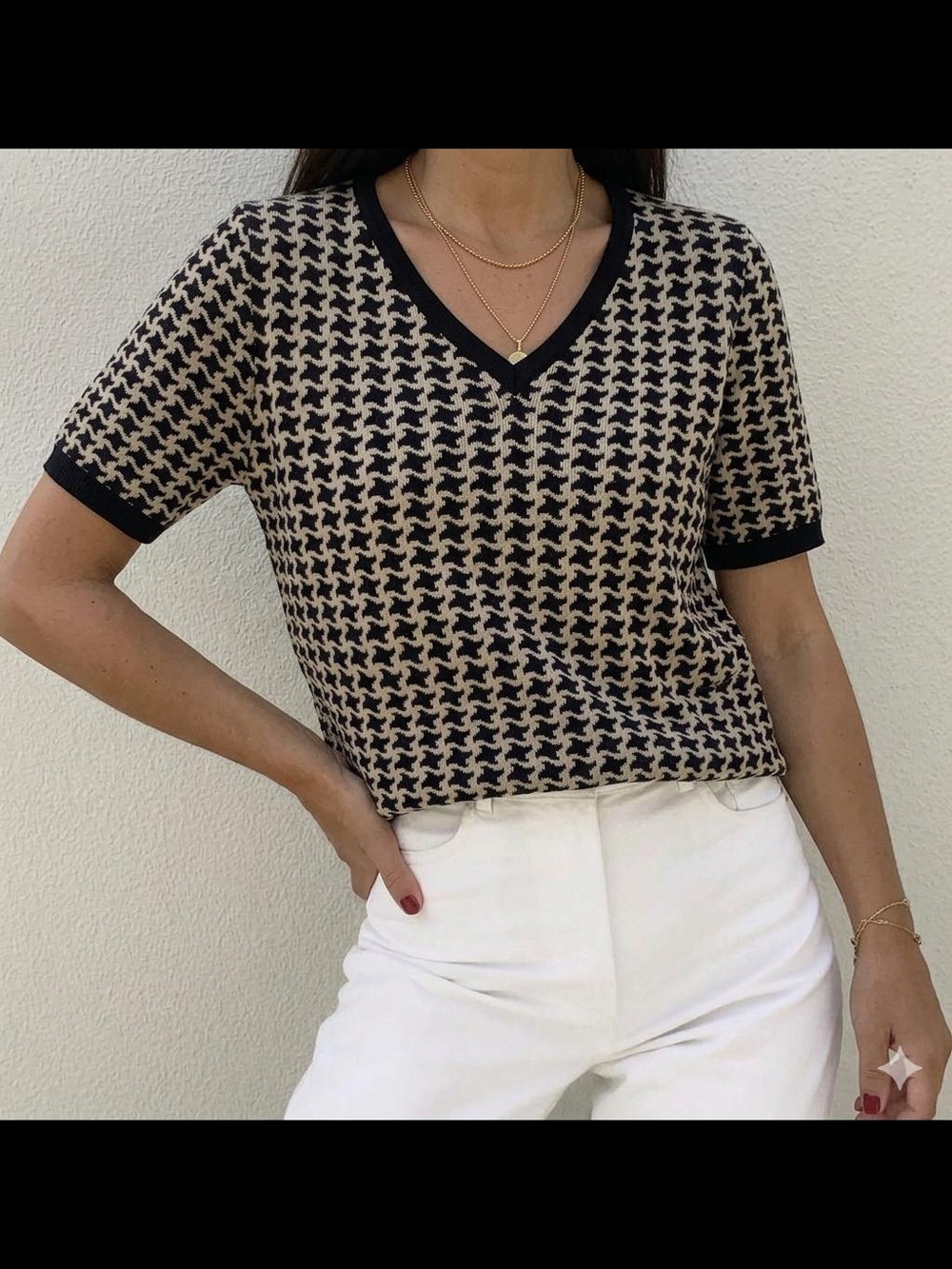 Grace V-Neck Black Ivory Silk Blend Patterned Top Knit Quiet Luxury Chic Petite